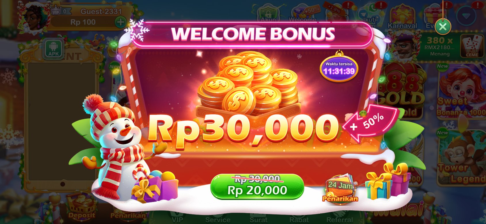 Nikmati bonus selamat datang hingga Rp30,000 di 4892 APK dan raih kemenangan besar di game slot favorit Anda.